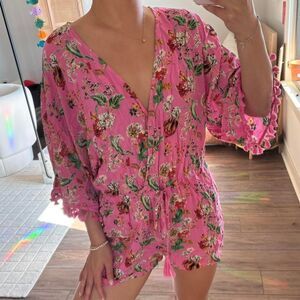 Lulus Pink Floral Print Tassel Romper, Size medium Roselyn